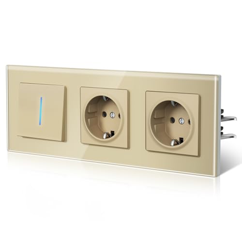 BSEED Lichtschalter mit Steckdose aus Glas, Unterputz Schalter Hintergrundlicht mit Krallen, Wechselschlter NEU E-Serie,1 Fach 2 Wege,Gold 228mm BSEED Lichtschalter mit Steckdose aus Glas, Unterputz Schalter Hintergrundlicht mit Krallen, Wechselschlter NEU E-Serie,1 Fach 2 Wege,Gold 228mm von BSEED