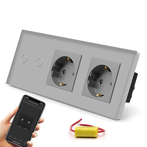 BSEED Normal Doppelt Steckdose mit Smart Alexa Lichtschalter,Unterputz Senkrecht Glas Schuko Steckdose Verlängerungssteckdosen(Non-WiFi),Single Live Wifi Touch Lichtschalter 2 Fach 1 Weg Grau von BSEED