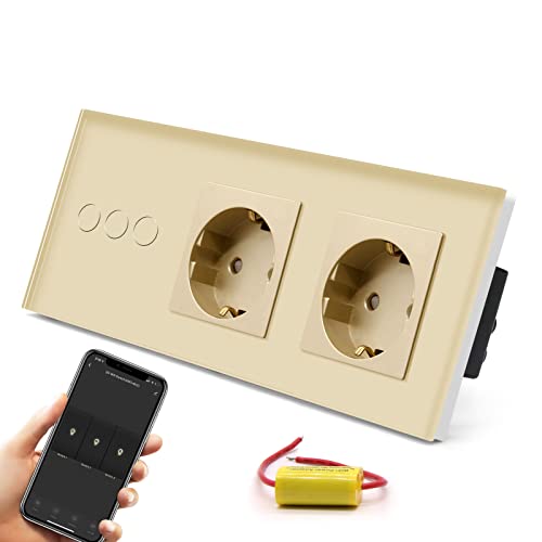 BSEED Normal Doppelt Steckdose mit Smart Alexa Lichtschalter,Unterputz Senkrecht Glas Schuko Steckdose Verlängerungssteckdosen(Non-WiFi),Single Live Wifi Touch Lichtschalter 3 Fach 1 Weg Gold von BSEED