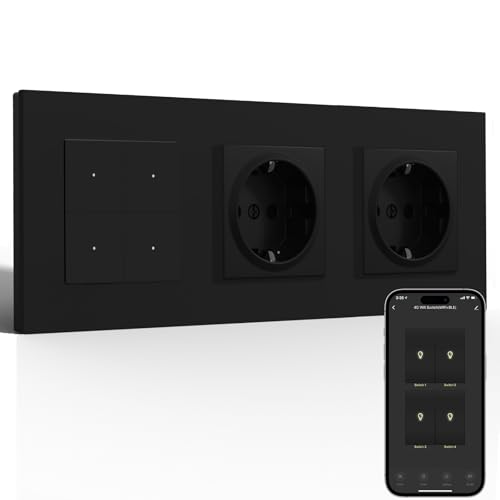 BSEED Normal Doppelt Steckdose mit Smart Lichtschalter(Neutralleiter Erforderlich), WIFI Schalter Unterputz Kompatibel mit Alexa und Google Home, Taster Schalter 4 Fach 1 Weg mit PC Rahmen, Schwarz von BSEED