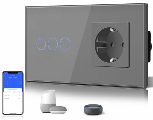 BSEED WLAN Lichtschalter(Neutralleiter Erforderlich), 3 Fach 1 Weg wifi Schalter mit Non-Wifi Steckdose aus Glas, Smart Schalter Kompatibel mit Alexa/Tuya/Google Home/SAMRT LIFE, Grau von BSEED