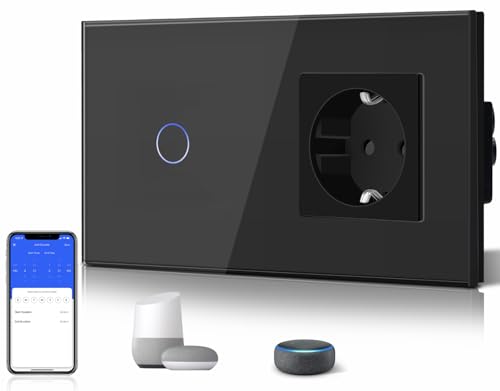 BSEED Normal Schuko Steckdose mit Smart Alexa Lichtchalter 16 Amp Glas WiFi Berührungssensor Wandschalter kompatibel mit Alexa und Google Home 1 Fach 1 Weg Weiß (Neutralleiter erforderlich) Schwarz von BSEED