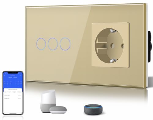 BSEED WLAN Lichtschalter(Neutralleiter Erforderlich), 3 Fach 1 Weg wifi Schalter mit Non-Wifi Steckdose aus Glas, Smart Schalter Kompatibel mit Alexa/Tuya/Google Home/SAMRT LIFE, Gold von BSEED