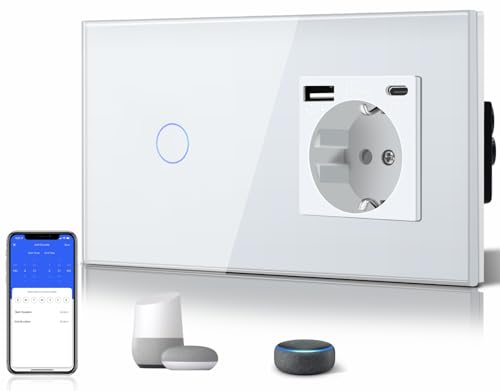 BSEED Normal Schuko Steckdose mit Smart Alexa Wifi Touch schalter Glas 3 in 1 USB + Typ-C WiFi Berührungssensor Wandschalter Work mit Google Home 1 Fach 1 Weg Weiß (Neutralleiter Erforderlich) von BSEED