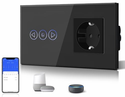 BSEED Normal Steckdose (Nicht-WiFi) mit 1 Fach WIFI Berühren Dimmer Wandschalter Schuko Wandleuchtensteckdosen Schwarz Work mit Alexa/Tuya/Google Home/SAMRT LIFE(Neutralleiter erforderlich) von BSEED