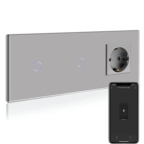 BSEED Normal Steckdose mit Smart Alexa Lichtschalter, Kompatibel mit Alexa,Google Home, Doppel Smart Lichtschalter mit Glas Touchscreen 1 Fach 1 Weg 16Amp Steckdose Grau (Nullleiter benötigt) von BSEED