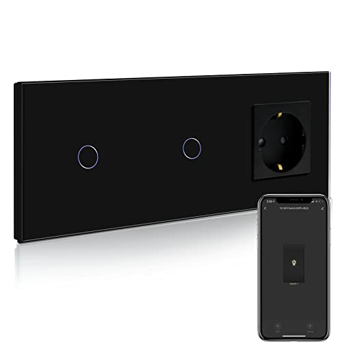 BSEED Normal Steckdose mit Smart Alexa Lichtschalter, Kompatibel mit Alexa,Google Home, Doppel Smart Lichtschalter mit Glas Touchscreen 1 Fach 1 Weg 16Amp Steckdose Schwarz (Nullleiter benötigt) von BSEED