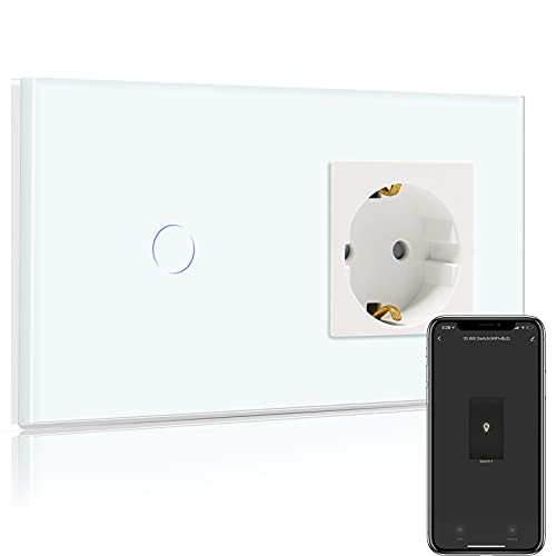 BSEED Normal Steckdose mit Smart Alexa Lichtschalter,Kompatibel mit Alexa,Google Home, Glas Touchscreen-schalter,Smart Lichtschalter 1 Fach 1 Weg 16Amp Steckdose Weiß (Neutrale Leitung benötigt) von BSEED