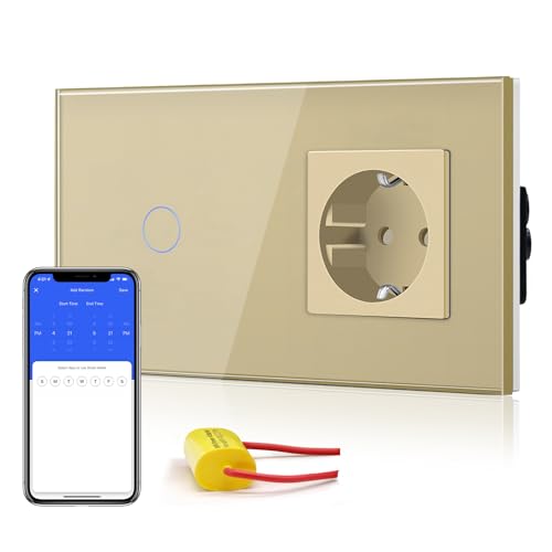 BSEED Normal Steckdose mit Smart Alexa Lichtschalter,Unterputz Senkrecht Glas Schuko Steckdose(Non-WiFi),Single Live Wifi Touch Lichtschalter 1 Fach 1 Weg Gold von BSEED