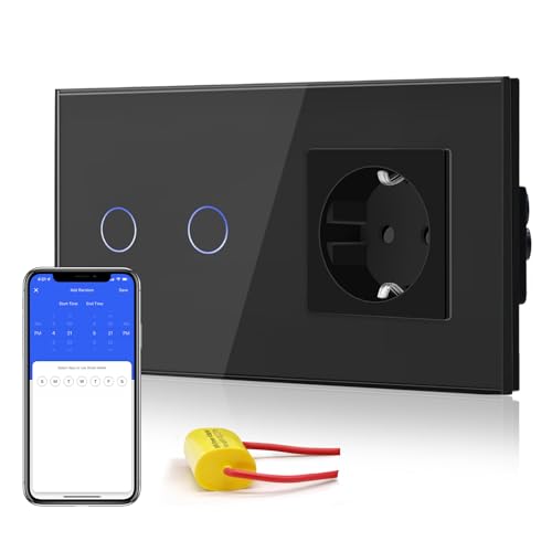 BSEED Normal Steckdose mit Smart Alexa Lichtschalter,Unterputz Senkrecht Glas Schuko Steckdose(Non-WiFi),Single Live Wifi Touch Lichtschalter 2 Fach 1 Weg Schwarz von BSEED