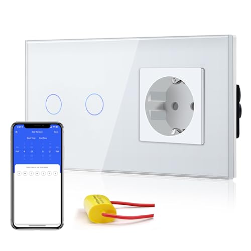 BSEED Normal Steckdose mit Smart Alexa Lichtschalter,Unterputz Senkrecht Glas Schuko Steckdose(Non-WiFi),Single Live Wifi Touch Lichtschalter 2 Fach 1 Weg Weiß von BSEED