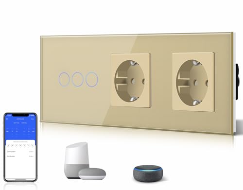 BSEED WLAN Lichtschalter(Neutralleiter Erforderlich),3 Fach 1 Weg Schalter mit 2 Non-Wifi Steckdose aus Glas, Wifi Schalter Kompatibel mit Alexa/Tuya/Google Home/SAMRT LIFE, Gold von BSEED