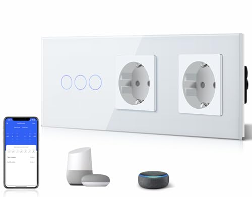 BSEED WLAN Lichtschalter(Neutralleiter Erforderlich),3 Fach 1 Weg Schalter mit 2 Non-Wifi Steckdose aus Glas, Wifi Schalter Kompatibel mit Alexa/Tuya/Google Home/SAMRT LIFE, Weiß von BSEED