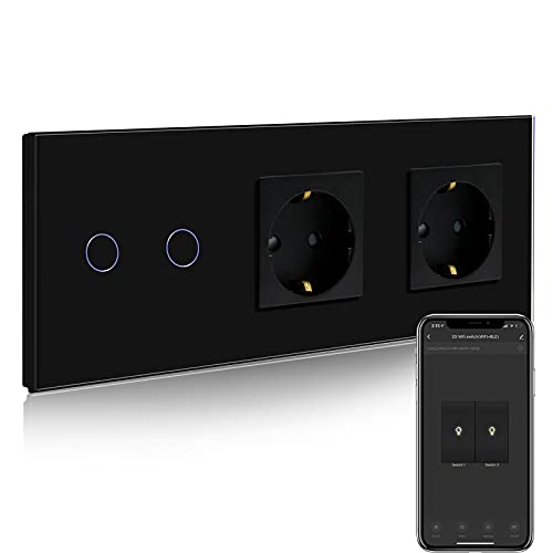 BSEED Normal Steckdose mit Smart Alexa Lichtschalter Kompatibel mit Alexa,Google Home,Touchscreen-schalter,Smart Lichtschalter 2 Fach 1 Weg 16A Doppel Steckdose Schwarz (Neutrale Leitung benötigt) von BSEED