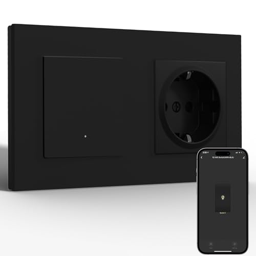 BSEED Normal Steckdose mit Smart Lichtschalter(Neutralleiter Erforderlich), Wlan Schalter Unterputz Kompatibel mit Alexa und Google Home, Taster Schalter 1 Fach 1 Weg mit PC Rahmen, Schwarz von BSEED