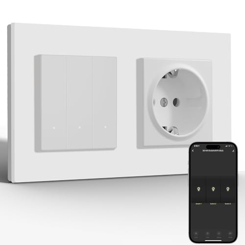 BSEED Normal Steckdose mit Smart Lichtschalter(Neutralleiter Erforderlich), Wlan Schalter Unterputz Kompatibel mit Alexa und Google Home, Taster Schalter 3 Fach 1 Weg mit PC Rahmen, Weiß von BSEED