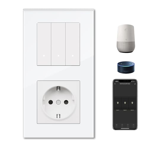 BSEED Normal Steckdose mit Smart Lichtschalter(Neutralleiter Erforderlich),Wlan Schalter Unterputz Kompatibel mit Alexa und Google Home,Alexa Taste Schalter 3 Fach 1 Weg,Smart Home Lichtschalter Weiß von BSEED