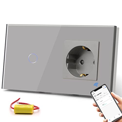 BSEED Normal Steckdose mit Smart Lichtschalter Kompatibel mit Alexa,Google Home, Glas Touchscreen-schalter,Smart Lichtschalter 1 Fach 1 Weg 16Amp Steckdose Grau (kein Neutralleiter benötigt) von BSEED
