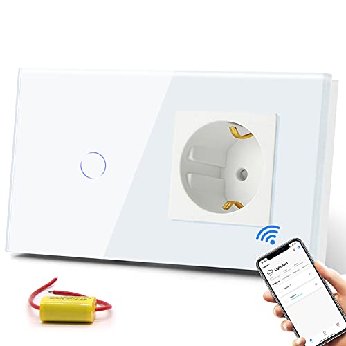 BSEED Normal Steckdose mit Smart Lichtschalter Kompatibel mit Alexa,Google Home, Glas Touchscreen-schalter,Smart Lichtschalter 1 Fach 1 Weg 16Amp Steckdose Weiß (kein Neutralleiter benötigt) von BSEED