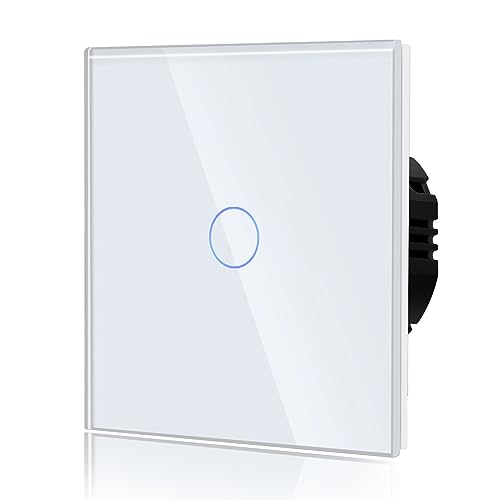 BSEED Normal Touch Schalter Standard Hohe Energie Glas Berührung Wandlichtschalter 110V - 240V Gehärtete Kristallplatte mit LED Hintergrundbeleuchtung 1 Fach 2 Weg Weiß von BSEED