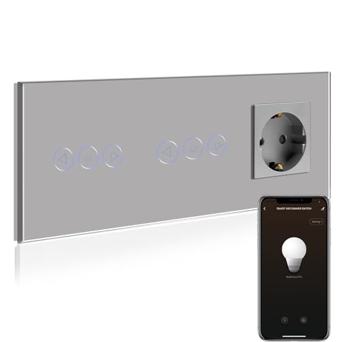 BSEED Normale Steckdose mit Doppel Smart Alexa Dimmer, smart Lichtschalter Kompatibel mit Alexa/Google Home, wlan Lichtschalter Glas 1 Fach 1 Weg 16Amp Steckdose Grau (Nullleiter erforderlich) von BSEED