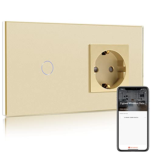 BSEED Normale Steckdose mit Smart ZigBee Lichtschalter, intelligenter Wandschalter Kompatibel mit Alexa und Google Home, 1 fach 1 Weg Unterputz Schalter 250V Golden (Hub erforderlich) von BSEED