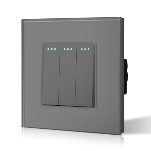 BSEED Rocker Tactile Wandleuchtenschalter 10A Glasrahmen Grau Kristallplatte 3 Gang 1-Wege-Schraubschalter ohne Schraube von BSEED