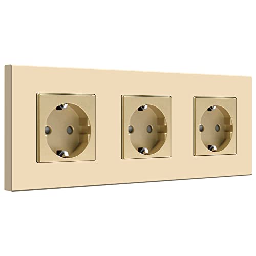 BSEED Schuko 3 Fach Steckdose Einbausteckdose Unterputz Steckdose, Wandsteckdose mit PC Platte,Steckdose Unterputz 16Amp EU Standard Verlängerungssteckdosen, Steckdosen Kindersicherung, Gold- 228mm von BSEED