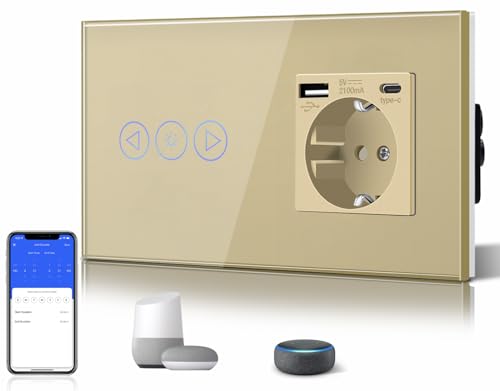 BSEED Schuko 3 in 1 Steckdose mit 2.1A USB Ladeleistung mit Type C Adapter + 1 Fach 1 Weg WIFI Berühren Dimmerschalter (Neutralleiter Erforderlich) Alexa/Tuya/Google Home/SAMRT LIFE Kompatibel Gold von BSEED