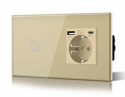 BSEED Schuko Lichtschalter mit Steckdose Unterputz 1 Fach 1 Weg Lichtschalter + 3 in 1 Steckdose mit 2.1 A USB Ladeleistung und Type C Adapter Aufladestation Verlängerungssteckdosen Glas 157mm Gold von BSEED