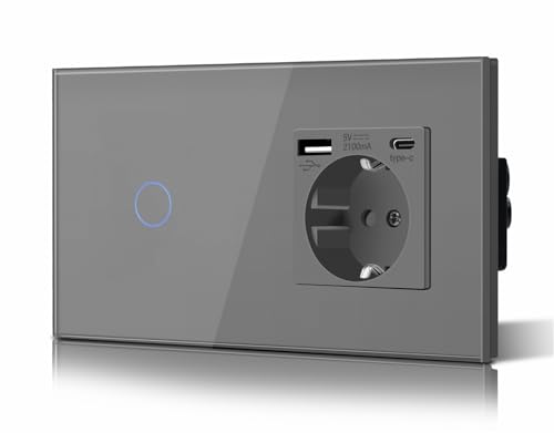 BSEED Schuko Lichtschalter mit Steckdose Unterputz 1 Fach 1 Weg Lichtschalter + 3 in 1 Steckdose mit 2.1 A USB Ladeleistung und Type C Adapter Aufladestation Verlängerungssteckdosen Glas 157mm Grau von BSEED