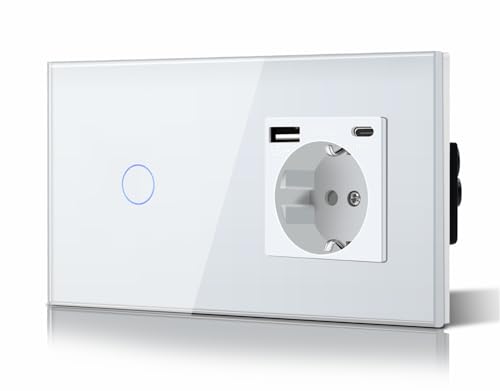BSEED Schuko Lichtschalter mit Steckdose Unterputz 1 Fach 1 Weg Lichtschalter + 3 in 1 Steckdose mit 2.1 A USB Ladeleistung und Type C Adapter Aufladestation Verlängerungssteckdosen Glas 157mm Weiß von BSEED