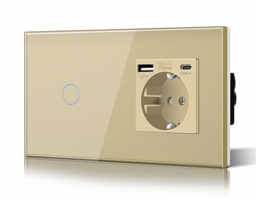 BSEED Schuko Lichtschalter mit Steckdose Unterputz 1 Fach 2 Weg Lichtschalter + 3 in 1 Steckdose mit 2.1 A USB Ladeleistung und Type C Adapter Aufladestation Verlängerungssteckdosen Glas 157mm Gold BSEED Schuko Lichtschalter mit Steckdose Unterputz 1 Fach 2 Weg Lichtschalter + 3 in 1 Steckdose mit 2.1 A USB Ladeleistung und Type C Adapter Aufladestation Verlängerungssteckdosen Glas 157mm Gold von BSEED