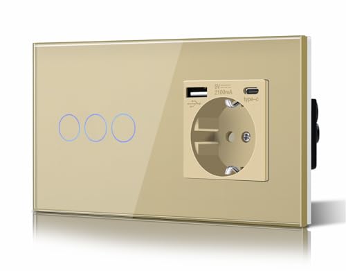 BSEED Schuko Lichtschalter mit Steckdose Unterputz 3 Fach 1 Weg Lichtschalter + 3 in 1 Steckdose mit 2.1 A USB Ladeleistung und Type C Adapter Aufladestation Verlängerungssteckdosen Glas 157mm Gold von BSEED