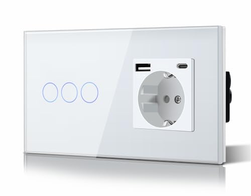 BSEED Schuko Lichtschalter mit Steckdose Unterputz 3 Fach 1 Weg Lichtschalter + 3 in 1 Steckdose mit 2.1 A USB Ladeleistung und Type C Adapter Aufladestation Verlängerungssteckdosen Glas 157mm Weiß von BSEED