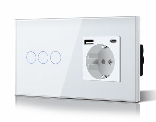 BSEED Schuko Lichtschalter mit Steckdose Unterputz 3 Fach 2 Weg Lichtschalter + 3 in 1 Steckdose mit 2.1 A USB Ladeleistung und Type C Adapter Aufladestation Verlängerungssteckdosen Glas 157mm Weiß BSEED Schuko Lichtschalter mit Steckdose Unterputz 3 Fach 2 Weg Lichtschalter + 3 in 1 Steckdose mit 2.1 A USB Ladeleistung und Type C Adapter Aufladestation Verlängerungssteckdosen Glas 157mm Weiß von BSEED