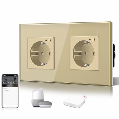 BSEED Schuko Smart Alexa ZigBee 2 Fach Steckdose 16A Glassteckdose, 1 Pack 1 Weg Gold 157mm Unterputz-Installation APP-Steuerung Arbeit mit Alexa/Google Home DIY Free Spin Nur 2.4 GHz von BSEED