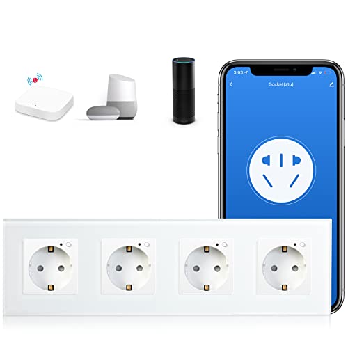BSEED Schuko Smart Alexa ZigBee 4 Fach Steckdose 16A Glassteckdose, 1 Pack 1 Weg Weiß 299mm Unterputz-Installation APP-Steuerung Arbeit mit Alexa/Google Home DIY Free Spin Nur 2.4 GHz von BSEED
