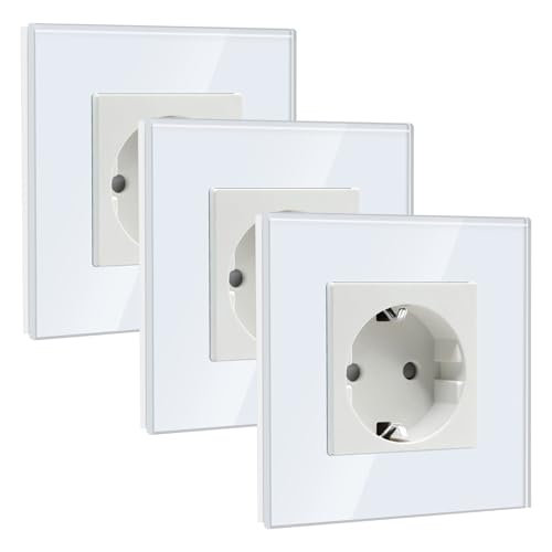 BSEED Schuko Steckdose, 1 Fach Unterputz-Steckdose, Kristall Glas Wandsteckdose Steckdose Glas weiß, 16A Schutzkontakt-Steckdose 86mm (3 Pack) von BSEED