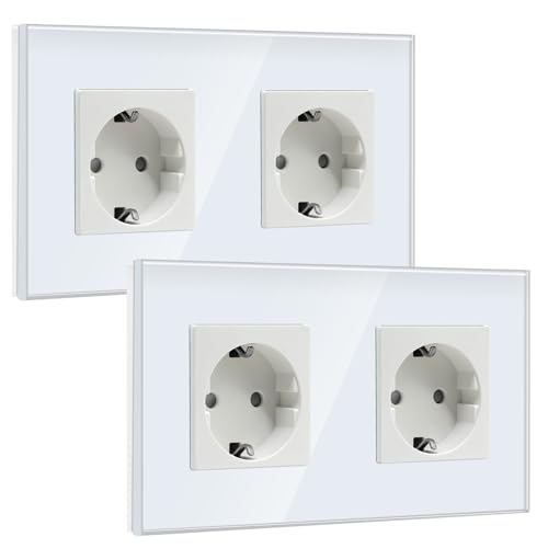BSEED Schuko Steckdose, 2 Fach Unterputz-Steckdose, Kristall Glas Wandsteckdose Steckdose Glas weiß, 16A Doppelte Schutzkontakt-Steckdose 157mm (2 Pack) von BSEED