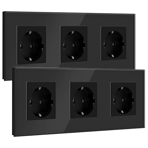 BSEED Schuko Steckdose Unterputz, 3 Fach Kristall Glas Wandsteckdose schwarz, 16A Tripel Schutzkontakt-Steckdose 228mm (2 Pack) von BSEED