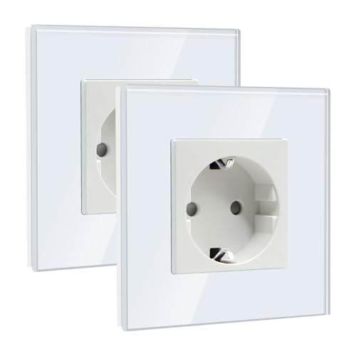 BSEED Schuko Steckdose, Einzel Steckdose, 1 Fach Kristall Glas Platte Steckdose Glas,16Amp Steckdose 86mm Verlängerungssteckdosen Wandsteckdose Weiß (2 Pack) von BSEED
