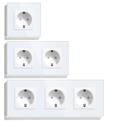 BSEED Schuko Steckdose,1 Fach+2 Fach+3 Fach Unterputz Steckdose mit Kristall Glas Platte,16Amp Verlängerungssteckdosen Wandsteckdose Weiß von BSEED