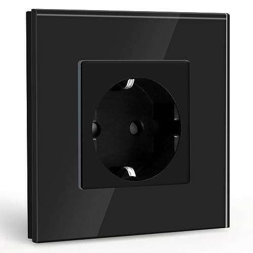 BSEED Schuko Steckdose 1 Fach Kristall Glas Platte Steckdose Glas Unterputz Einzel Steckdose 16Amp Steckdose 86mm Verlängerungssteckdosen Wandsteckdose Schwarz von BSEED