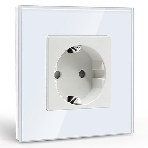 BSEED Schuko Steckdose 1 Fach KristallGlas Platte Steckdose Glas Unterputz Steckdose 16Amp Steckdose 86mm Weiß Verlängerungssteckdosen Wandsteckdose von BSEED