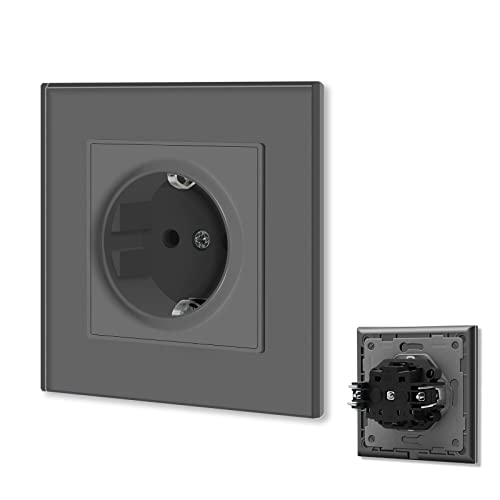 BSEED Schuko Steckdose 1 Fach Steckdose mit Steckklemme Kristall Glas Platte Einzel Steckdose 16Amp Einbausteckdose Unterputz Steckdose 86mm Grau Verlängerungssteckdosen Wandsteckdose von BSEED