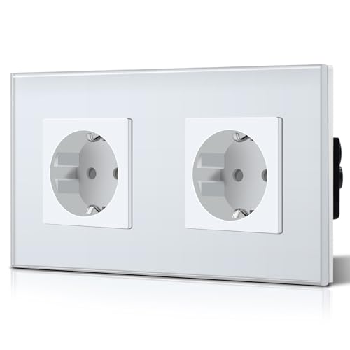 BSEED Schuko Steckdose 2 Fach EU-Standard DoppelsteckdoseWandsteckdose Kristall Glas Platte 16Amp 250 V Verlängerungssteckdosen 157mm Weiß von BSEED