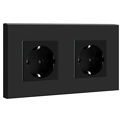 BSEED Schuko Steckdose 2 Fach Einbausteckdose Unterputz Steckdose, Doppelsteckdose PC Platte,Steckdose Unterputz 16Amp EU Standard Verlängerungssteckdosen, Steckdosen Kindersicherung, Schwarz - 157mm von BSEED