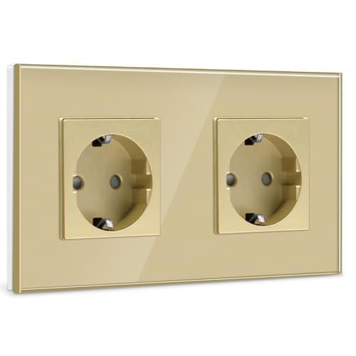 BSEED Schuko Steckdose 2 Fach Steckdose Glas Unterputz Steckdose,Steckdosen mit Kristall Glas Platte Doppel Wandsteckdosen 16Amp EU Standard Verlängerungssteckdosen Gold -157mm von BSEED