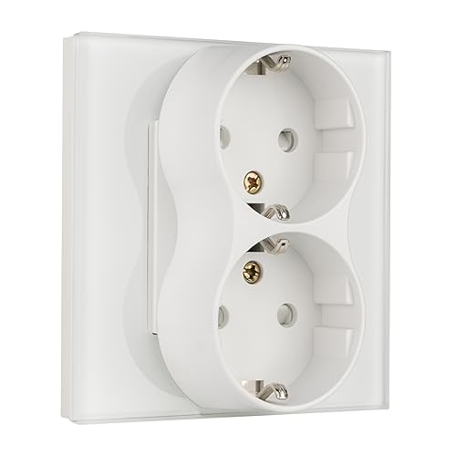 BSEED Schuko Steckdose 2 Fach auf einem Sockel, unterputz Steckdose Glas, Doppelsteckdose Unterputz passt in einem Unterputzdose, Doppel Wandsteckdose 16Amp EU Steckdose Weiß - 86mm von BSEED